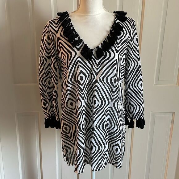 Mudpie Kendall Tunic Pool Tile Black White Tassle Cover Up Medium 8-10 - Picture 2 of 9